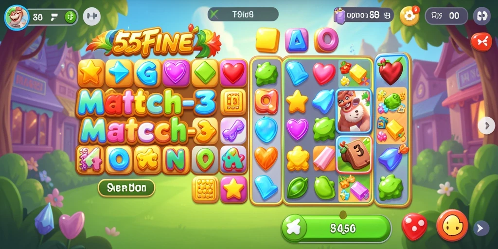 Screenshot utama 55FIVE menampilkan gameplay Match-3 yang penuh warna.