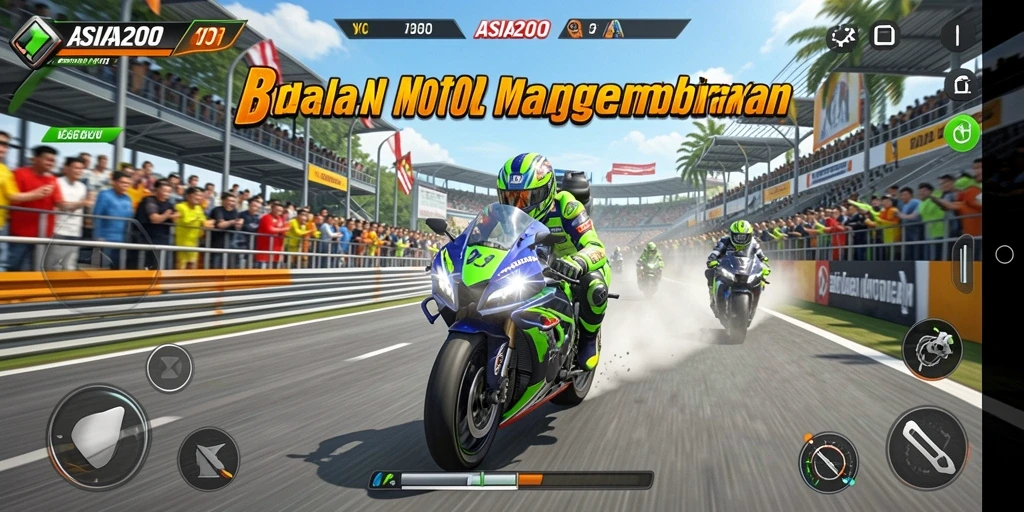 Screenshot utama ASIA200 menunjukkan aksi balapan motor yang intens.