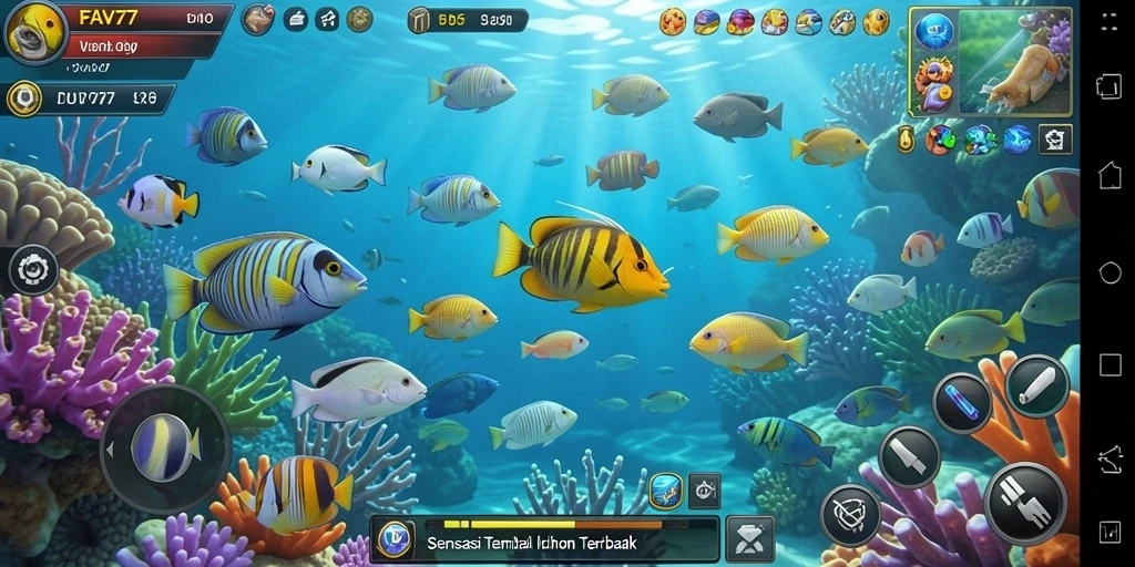 Gameplay seru Tembak Ikan dengan berbagai ikan warna-warni.
