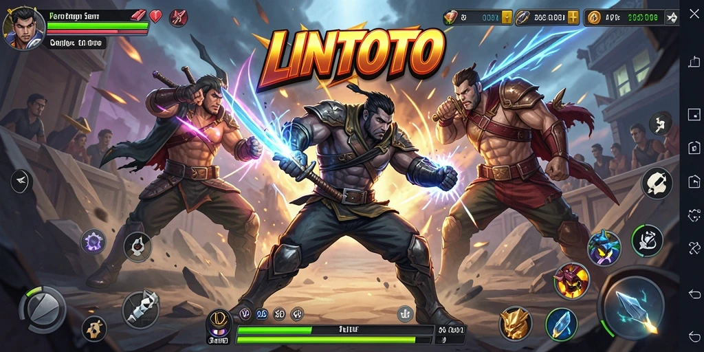 Tangkapan layar gameplay LINITOTO yang menunjukkan aksi mendebarkan dan karakter beragam.