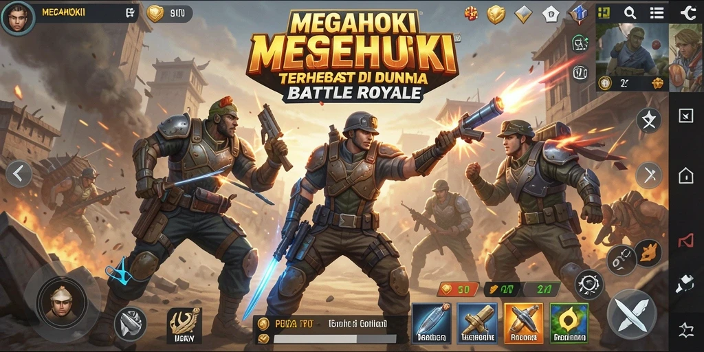 Screenshot gameplay MEGAHOKI menampilkan aksi mendebarkan di medan perang.