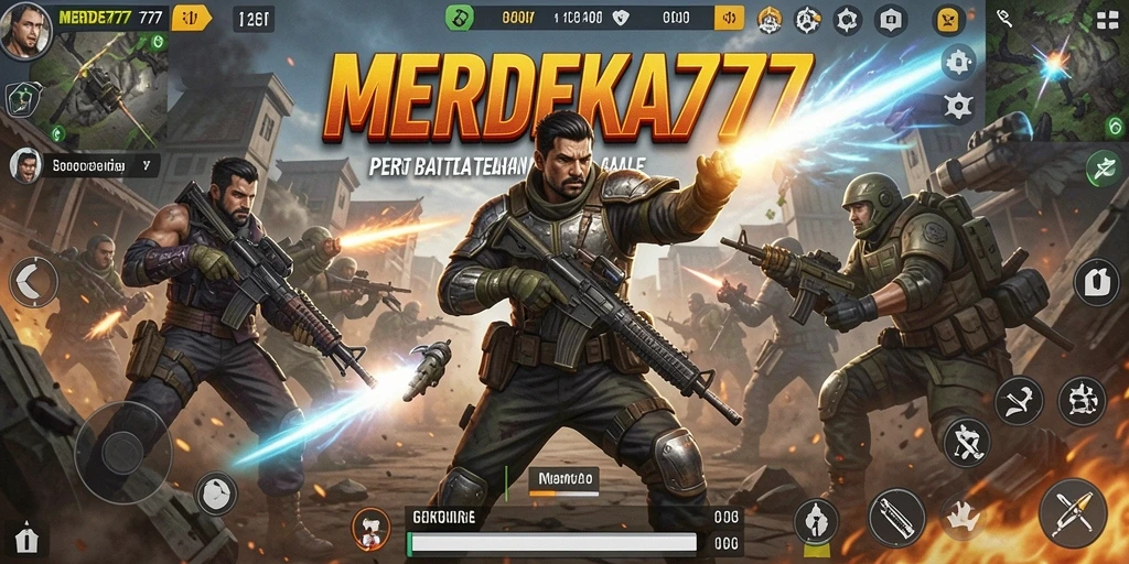 Screenshot utama MERDEKA777 menampilkan aksi mengesankan dalam Battle Royale.